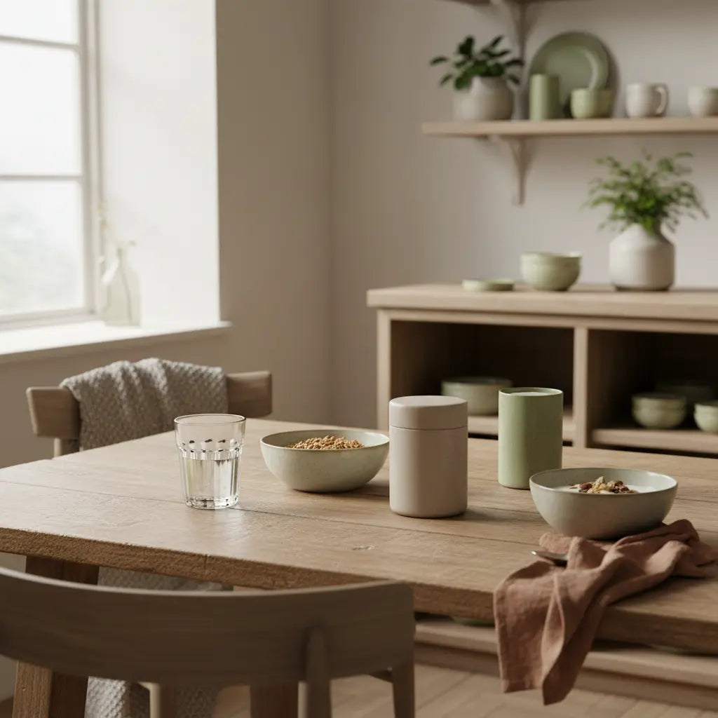 Veganer Frühstückstisch mit Granola, Joghurt, Nüssen und Shake in minimalistischem Vegardians-Design, winterliche Texturen im sanften Morgenlicht — Tomaten im Winter