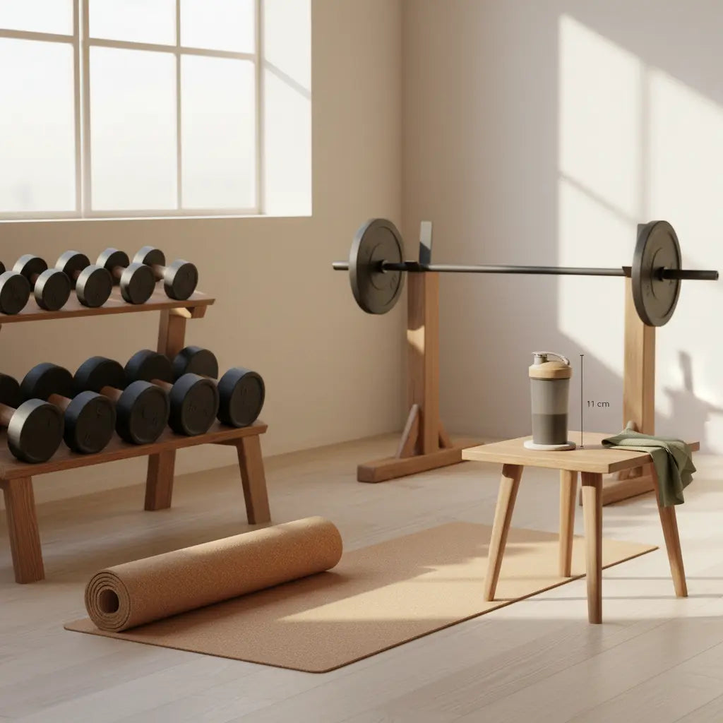 Minimalistische Fitnessstudio-Szene im Morgenlicht mit Hanteln, Yogamatte und Das Produkt aus den Referenzfotos auf Holztisch – training für frauen im fitnessstudio