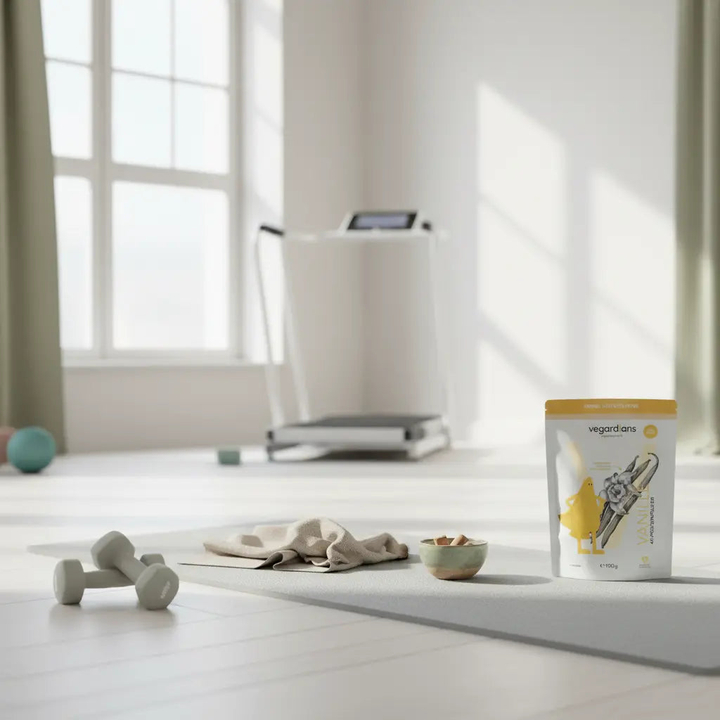 Minimalistische Studioecke am Morgen mit Matte, leichten Hanteln und Trainingsmaschine am Fenster in erdigen Salbei- und Akzenttönen – training mit 14