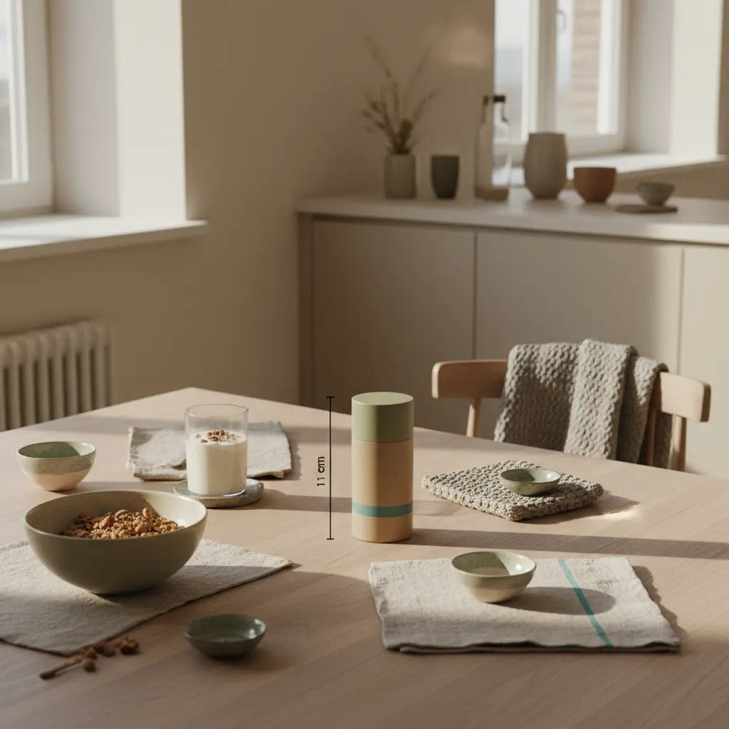 Veganer Frühstückstisch in europäischer Küche mit Granola, Pflanzjoghurt, Nüssen und Shake im weichen Morgenlicht, minimalistisch, nachhaltig — training ohne geräte zuhause