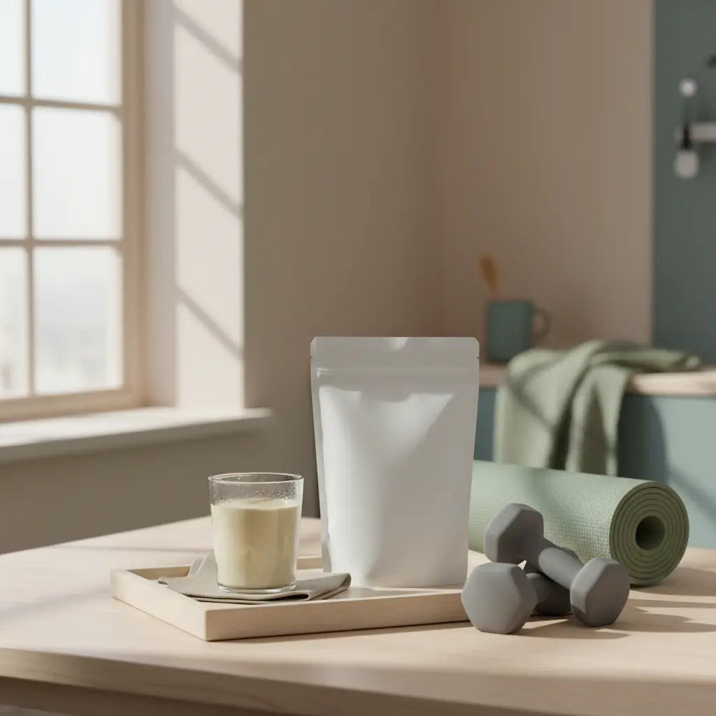 Minimalistische Morgen-Szene mit Trainingsausrüstung, pflanzlichem Shake und Proteinpaket auf Holztablett in Vegardians-Farbwelt – trainingsplan anfänger