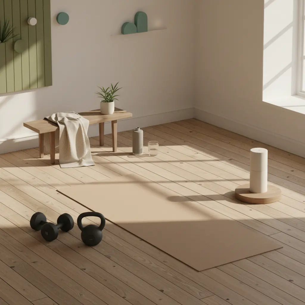 Nordisch-minimalistisches Home-Gym mit Hanteln, Kettlebell und Yogamatte auf Holzfußboden in natürlichen Tönen; ruhige Szene für trainingsplan erstellen