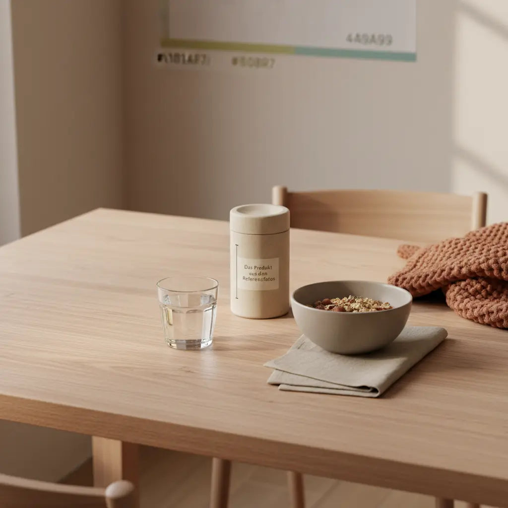 Trainingsplan Frauen: minimalistisches Morgenfrühstück auf nachhaltigem Holztisch mit Müsli, Nüssen und veganem Shake in natürlichem Behälter, sanftes Morgenlicht, Vegardians-Farben.