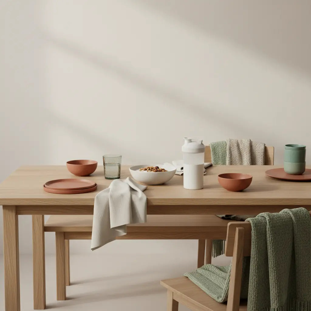 Minimalistisches Frühstück in europäischer Küche: nachhaltiger Tisch mit Granola, pflanzlichem Joghurt, Nüssen und Shake, winterliche Leinen- und Wollakzente — geeignet für Trainingsziele.