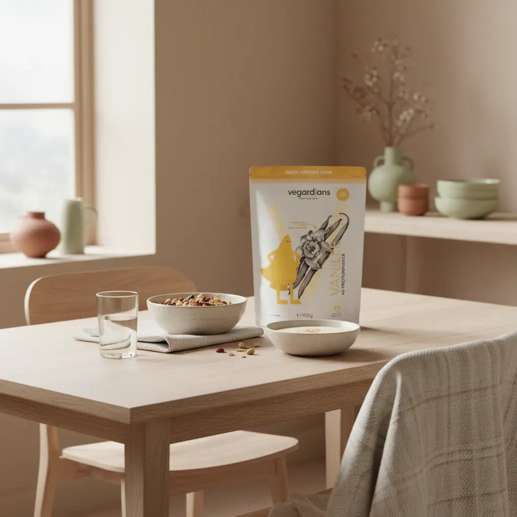 Europäische Küchenszene im Morgenlicht mit nachhaltigem Holztisch, Glas Wasser, Müsli, Proteinshake und winterlichen Texturen — geeignet für übungen zum abnehmen