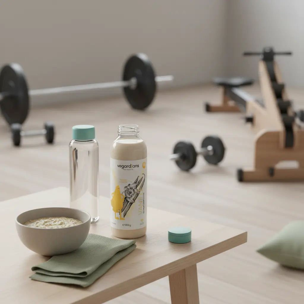 Minimalistische Morgen-Gym-Szene mit Haferflocken, pflanzlichem Proteinshake (das Produkt) und Trinkflasche auf Tisch, Geräte im Hintergrund – übungen zum abnehmen