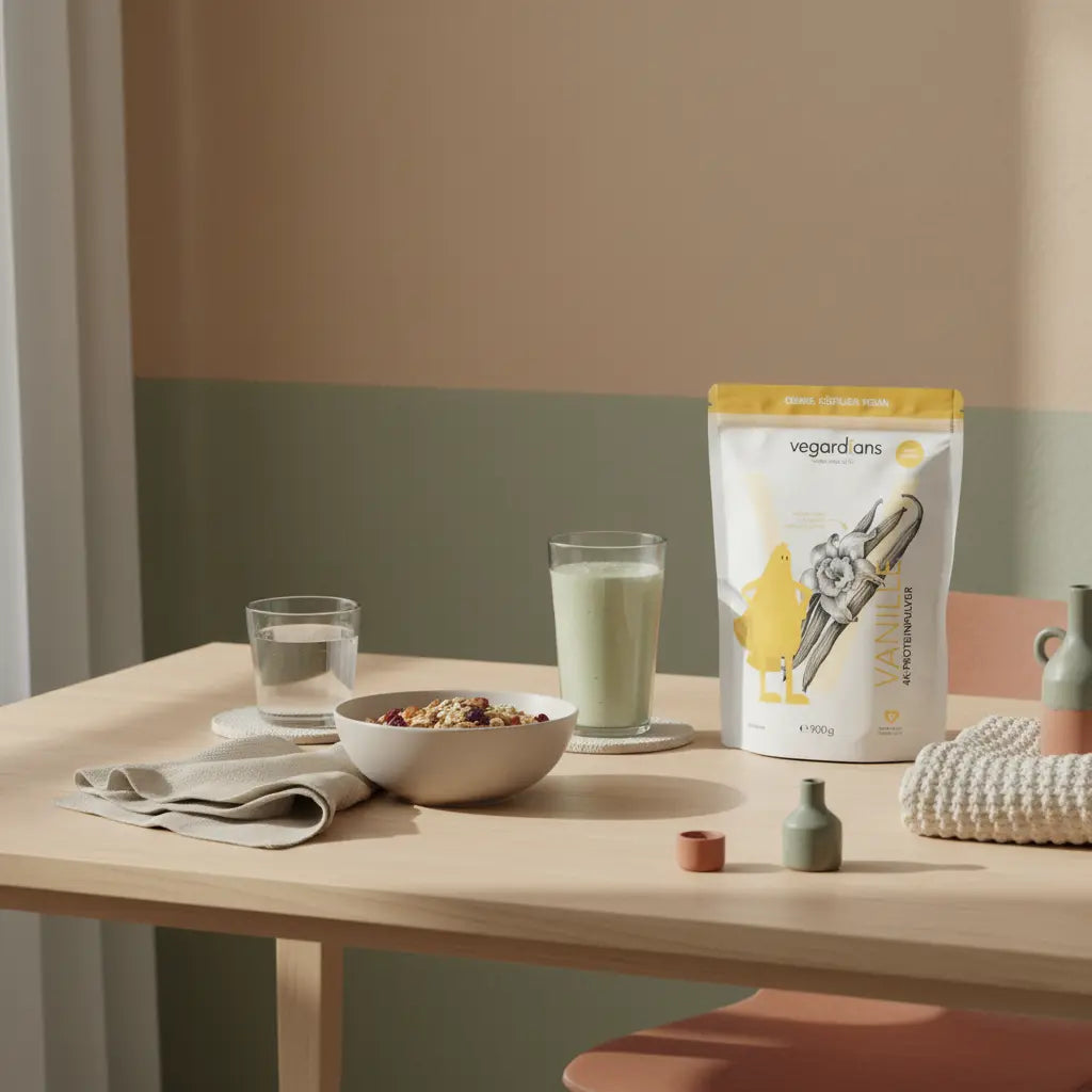 Minimalistische europäische Küche im Morgenlicht mit nachhaltigem Holztisch, Glas Wasser, Schüssel Müsli, veganem Proteinshake und winterlichen Leinen- und Wolltexturen — übungen zum abnehmen zuhause