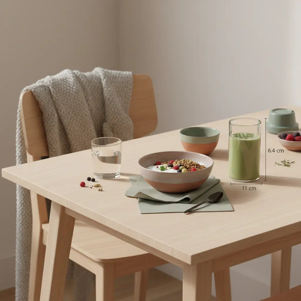 Minimalistische Küchenaufnahme mit veganem Frühstück, Keramikschale, klarem Wasserglas und Produkt aus den Referenzfotos auf nachhaltigem Tisch – Illustration zu Ursachen langsamer Stoffwechsel