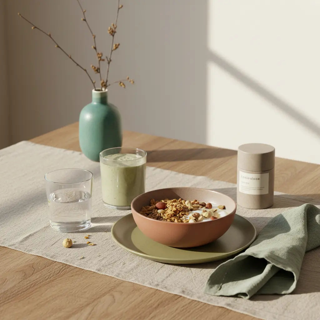 Vegan abnehmen Frühstück: minimalistischer Tisch mit Granola, pflanzlichem Joghurt, Nüssen und Shake in heller europäischer Küche