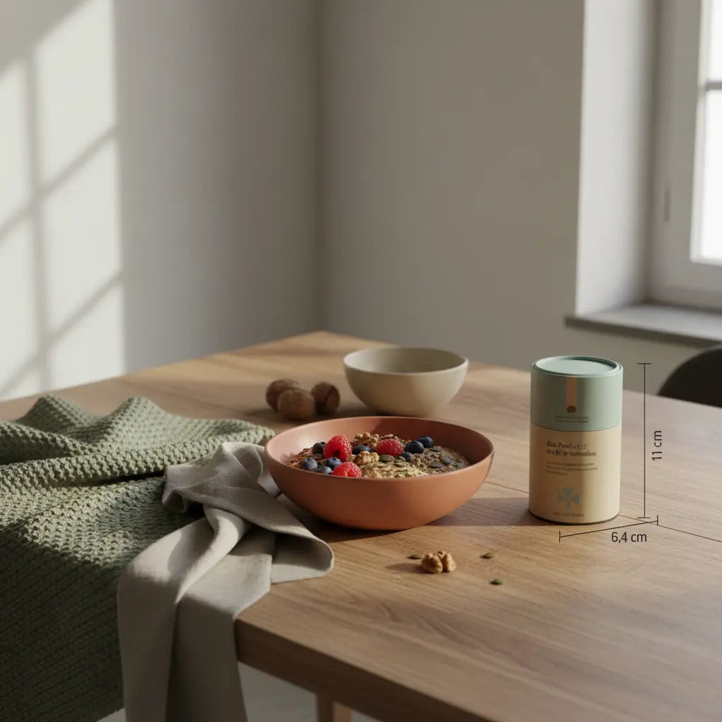 Veganes Frühstück mit Hafer, Beeren, Nüssen und Proteinshake auf nachhaltigem Holztisch in ruhigem Morgenlicht – inspiriert für 20 kg abzunehmen