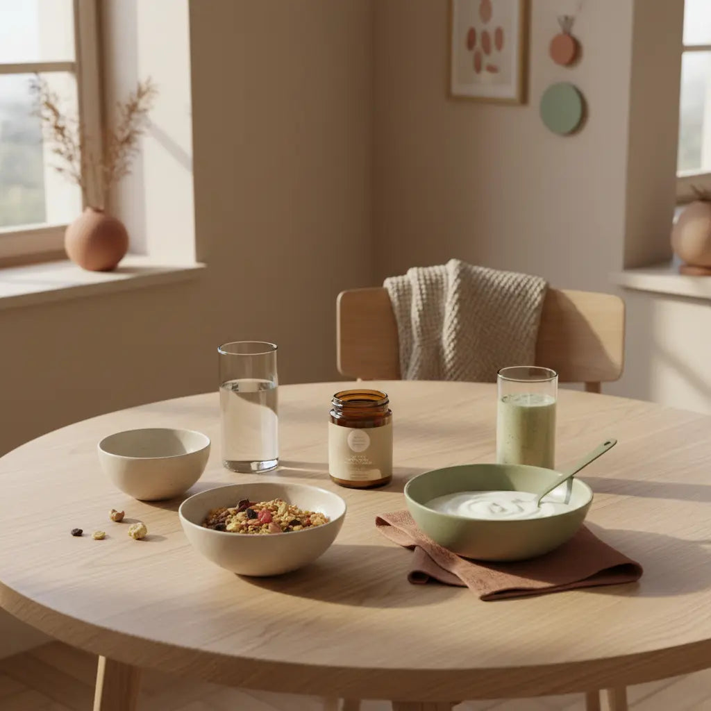 Veganes Frühstück auf minimalistischem Esstisch in europäischer Küche mit Granola, pflanzlichem Joghurt, Nüssen und Shake in beige-, Salbeigrün- und Terrakotta-Tönen.