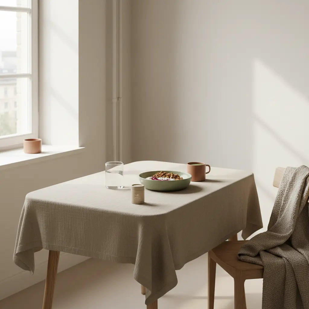 Minimalistisches veganes Frühstück für vegane Bodybuilder in einer europäischen Küche: Granola, pflanzlicher Joghurt, Nüsse und Shake im sanften Morgenlicht.