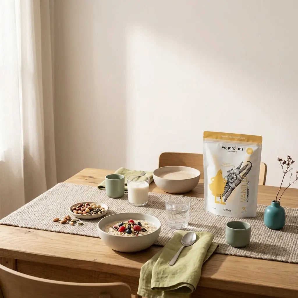 Minimalistisches veganes Frühstück für vegane Bodybuilder: Haferbrei, Nüsse, Pflanzendrink, Glas Wasser und Proteinshake auf nachhaltigem Holztisch im sanften Morgenlicht