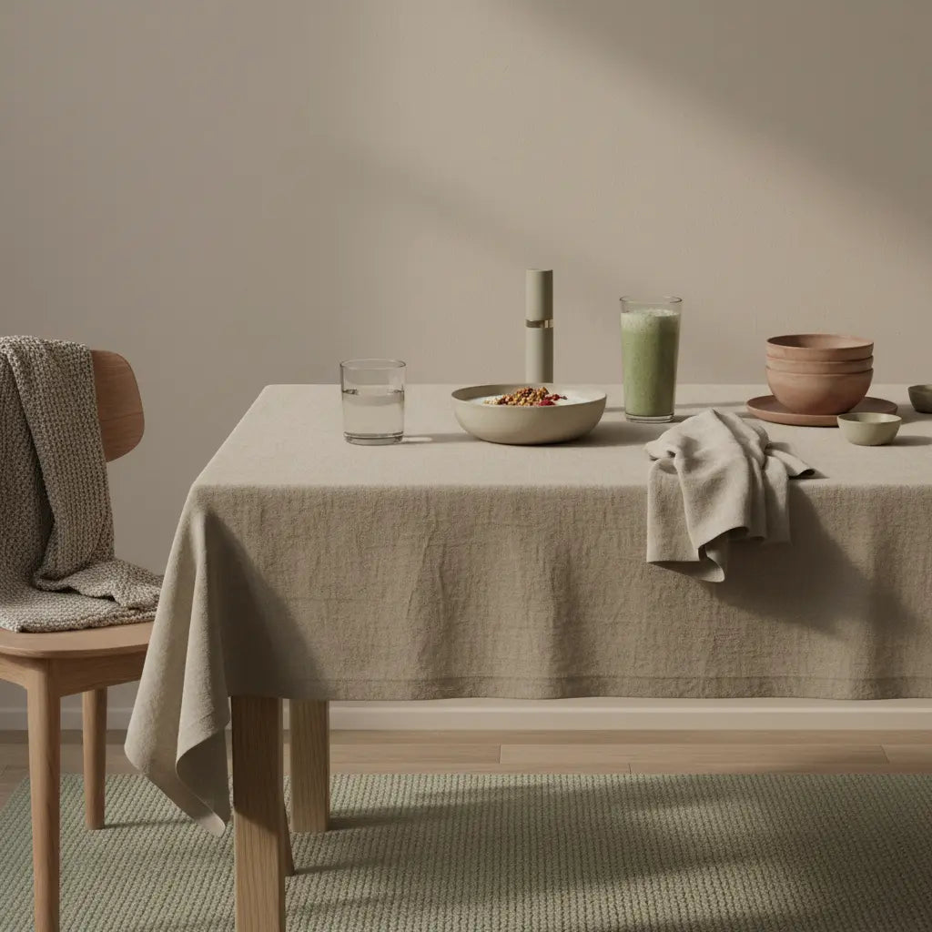 Minimalistisches Frühstück mit Granola, pflanzlichem Joghurt, Nüssen und Shake auf nachhaltigem Tisch – vegane eiweißquellen in ruhiger, erdiger Küchenästhetik.