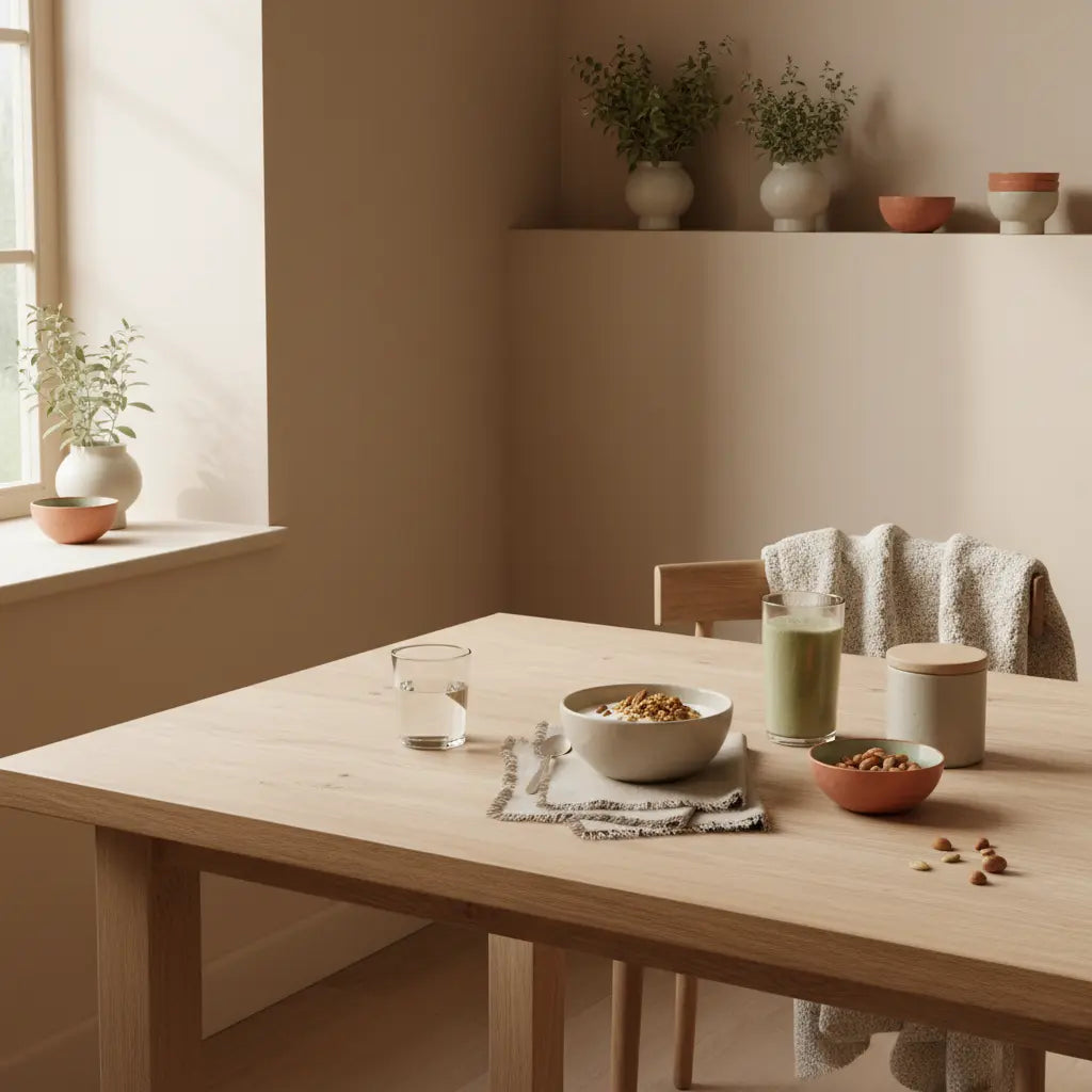 Vegane eiweißquellen ohne pulver: Minimalistisches Frühstück in europäischer Küche mit Granola, Sojajoghurt, Nüssen und Shake, warme Naturtöne, nachhaltiges Set.