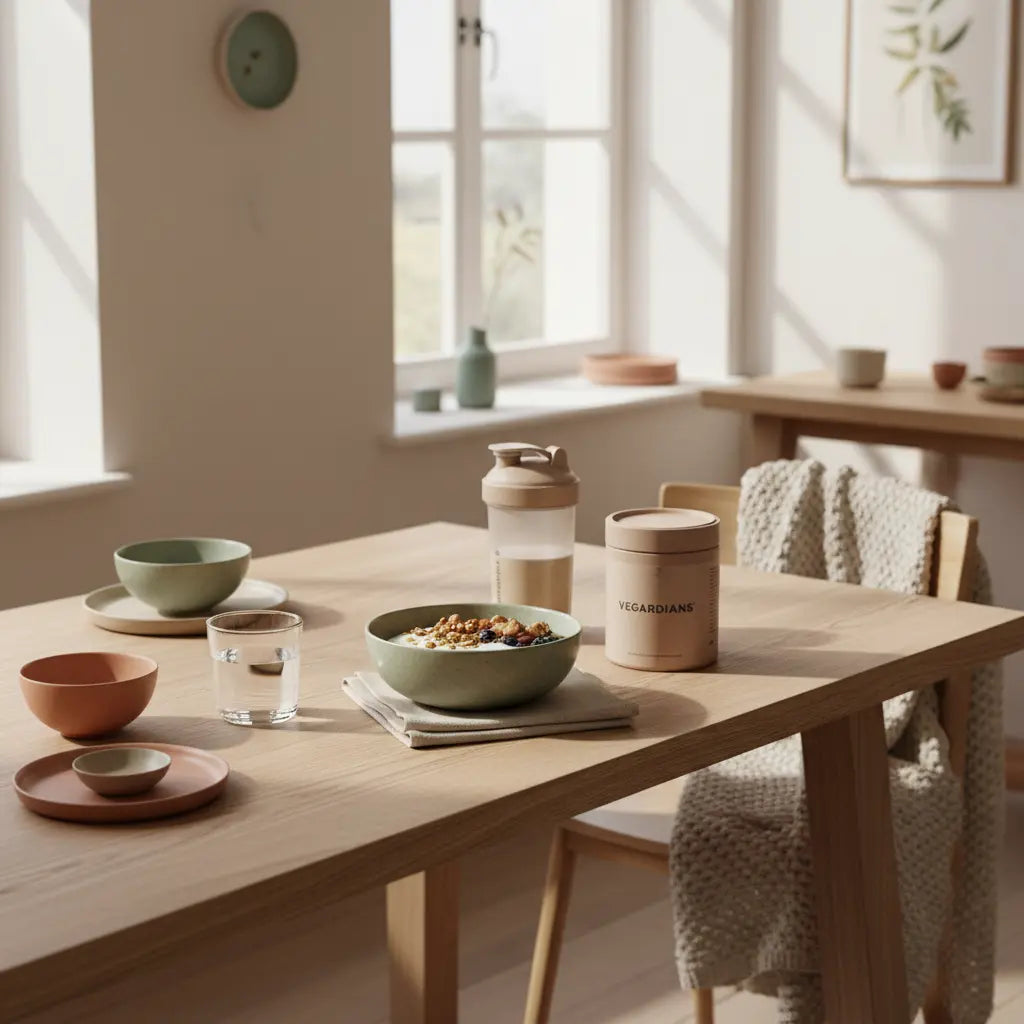 Minimalistisches veganes Frühstück mit Granola, pflanzlichem Joghurt, Nüssen und Shake auf nachhaltigem Tisch in europäischer Küche — vegane Ernährung bewusst und nahrhaft