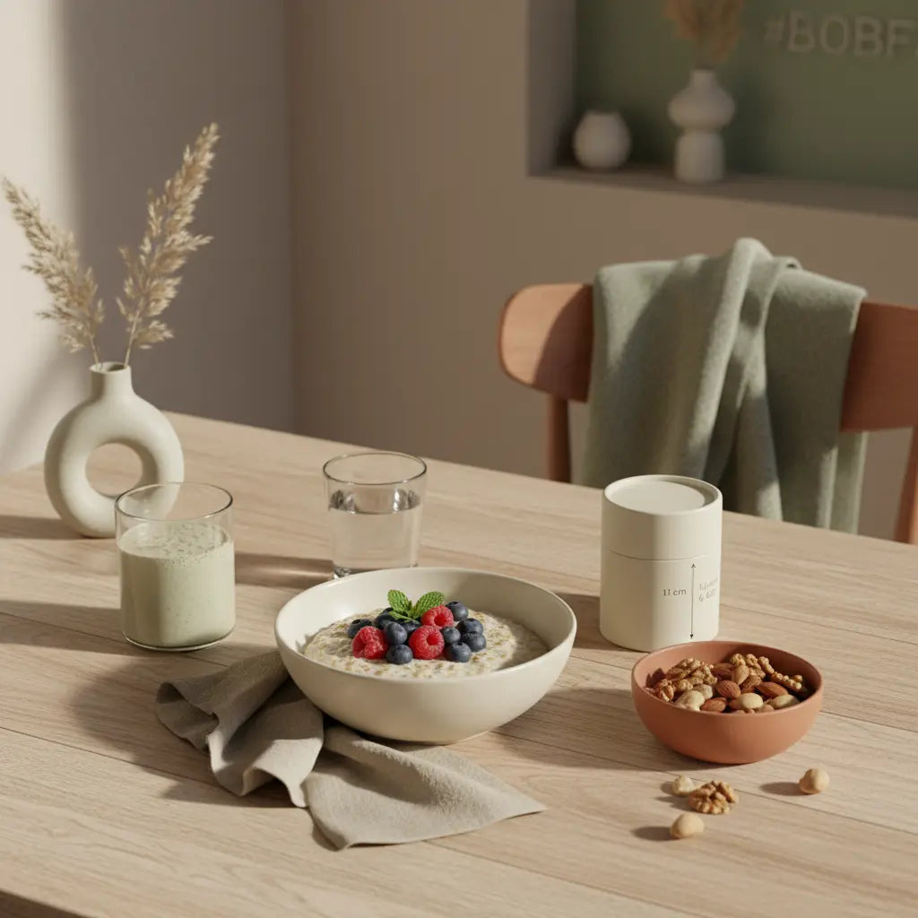 Minimalistisches Frühstück mit Haferbrei, Beeren, Nüssen und Shake auf nachhaltigem Holztisch in ruhigen Erdtönen – vegane ernährung gesundheit