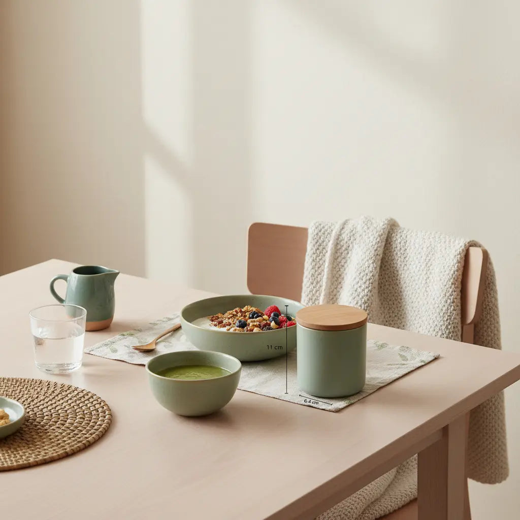 Minimalistisches Frühstück mit Granola, pflanzlichem Joghurt, Nüssen und Shake in einer europäischen Küche — vegane ernährung muskelaufbau, ruhig und nährend.