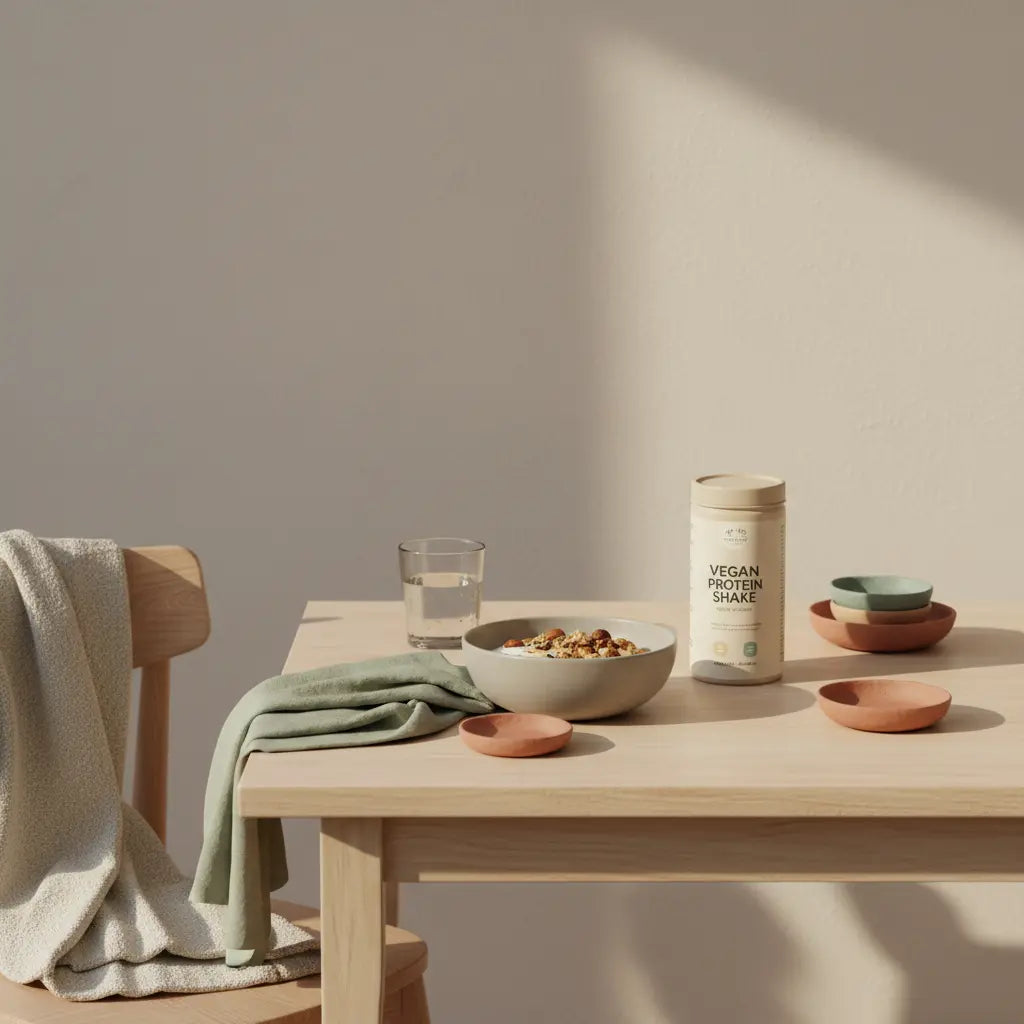 Minimalistisches Frühstück mit Granola, Pflanzenjoghurt, Nüssen und Shake auf nachhaltigem Tisch zur veganen gewichtszunahme, sanftes Morgenlicht, Keramik und Leinen.