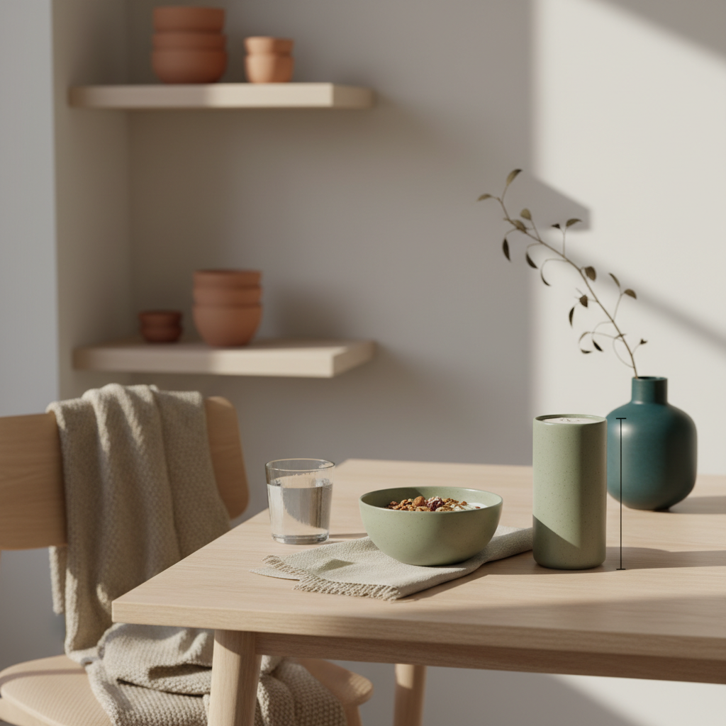 Minimalistisches Frühstück in europäischer Küche mit Granola, pflanzlichem Joghurt, Nüssen und Shake, Produkt auf dem Tisch – vegane masse aufbauen