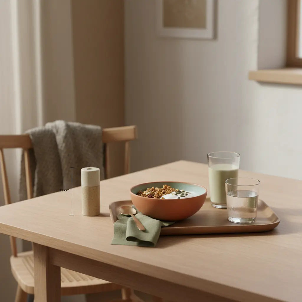 Minimalistisches veganes Frühstück mit Granola, Sojajoghurt, Nüssen und Shake in europäischer Küche – ideal für vegane muskeln aufbauen.