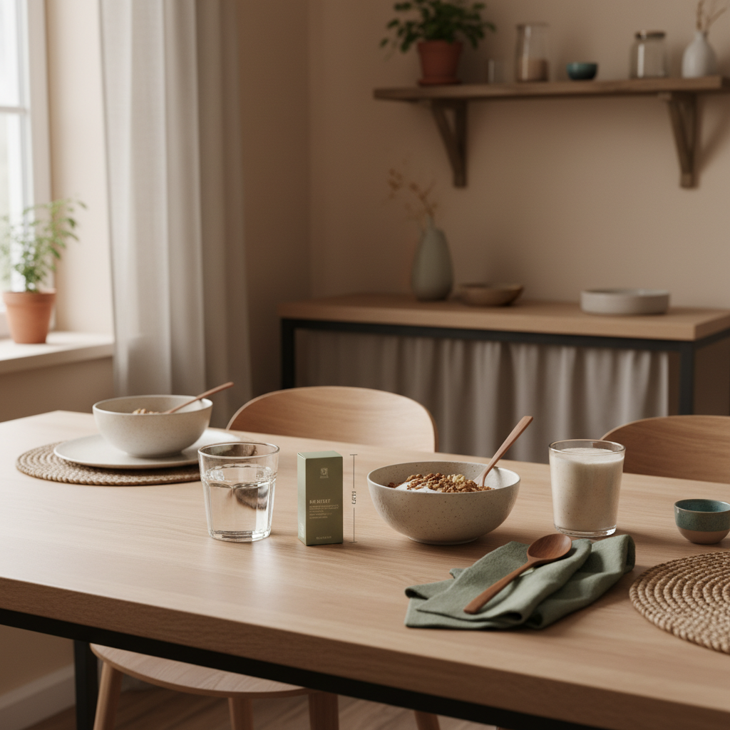 Minimalistisches Frühstück mit Granola, Joghurt, Nüssen und Shake neben dem Produkt — stilvolle Darstellung vegane proteinquellen in behaglicher Küchenatmosphäre.