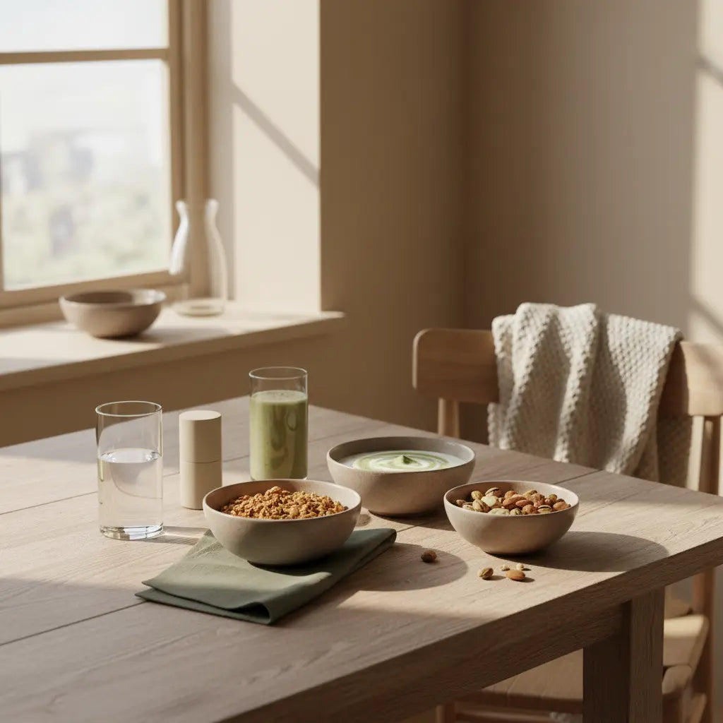 vegane regeneration: europäischer Frühstückstisch mit Granola, pflanzlichem Joghurt, Nüssen und Shake in minimalistischem Winter-Setting