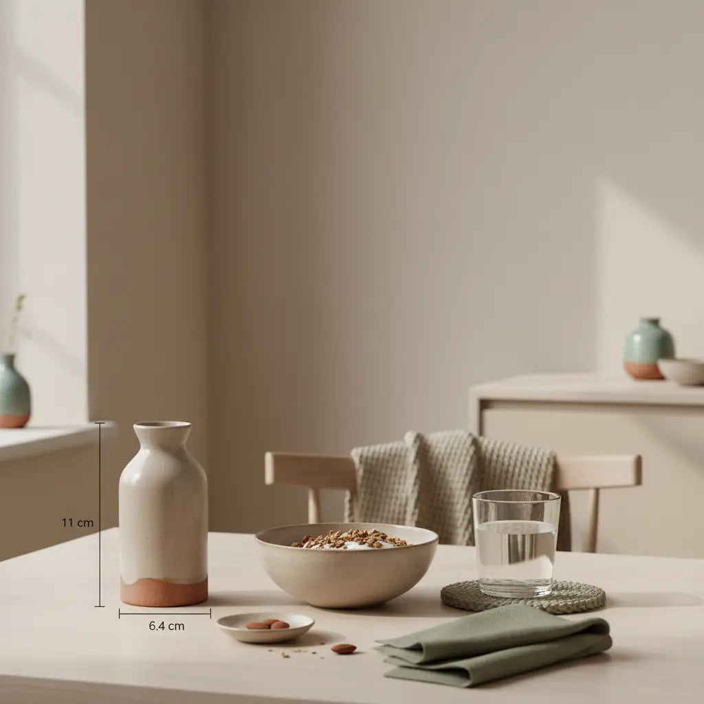 Minimalistisches Frühstück mit Granola, pflanzlichem Joghurt, Nüssen und Proteinshake in einer europäischen Küche bei Morgenlicht – veganer muskelaufbau, nährend und bewusst.