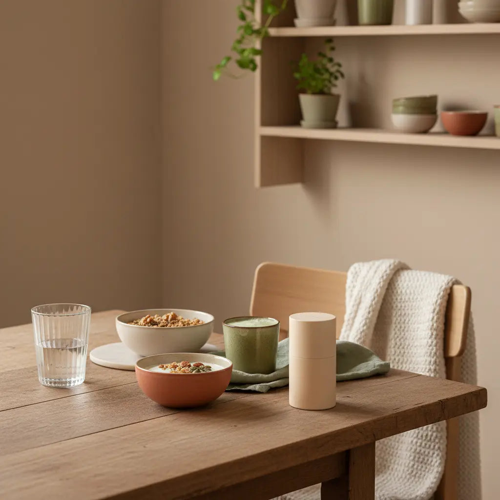 Minimalistisches Frühstück in europäischer Küche mit Granola, Joghurt, Nüssen und Shake, Produkt aus Referenzfotos sichtbar, Fokus: veganer Muskelaufbau