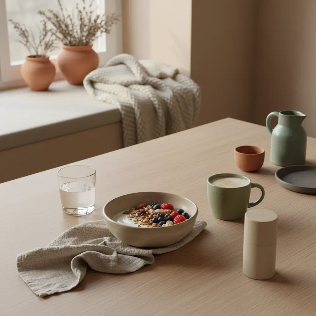 Minimalistisches Frühstück mit Granola, pflanzlichem Joghurt, Nüssen und Shake in einer europäischen Küche bei weichem Morgenlicht – nachhaltig, nährend, ideal für veganer Muskelaufbau