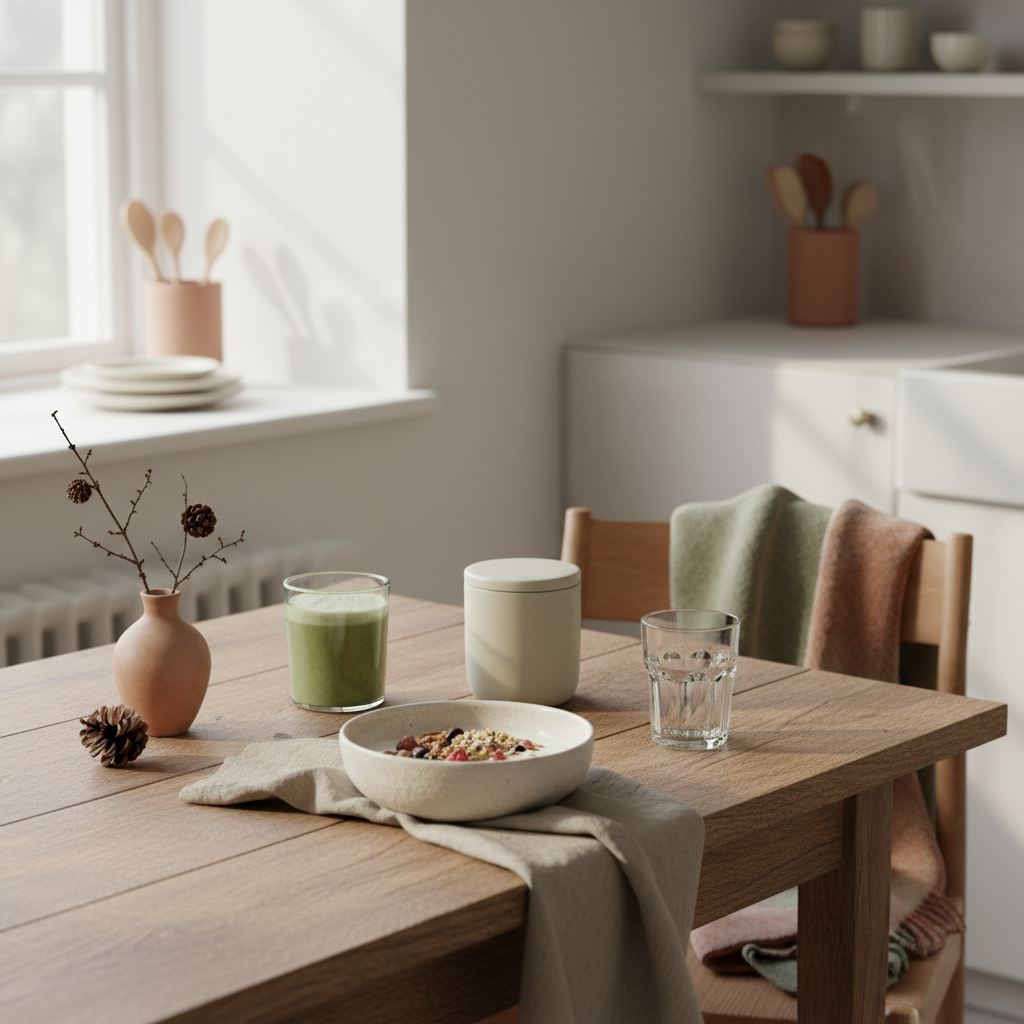 Minimalistisches Frühstück mit Granola, pflanzlichem Joghurt, Nüssen und Shake in einer europäischen Küche im Morgenlicht – vegane Szene zum veganer proteinbedarf