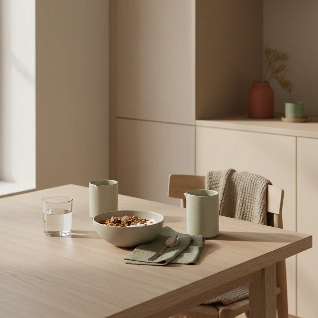 Minimalistisches Frühstück in europäischer Küche mit Granola, pflanzlichem Joghurt, Nüssen und Shake – Thema veganer proteinbedarf pro tag, ruhige nährende Atmosphäre