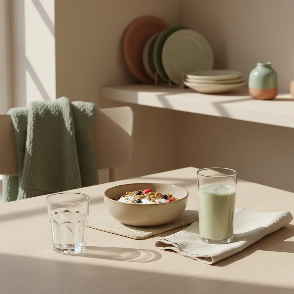 Minimalistisches Frühstück mit Granola, Sojajoghurt, Nüssen und Shake in einer europäischen Küche am Morgen, Produkt aus Referenzfotos sichtbar – vegetarischer muskelaufbau.