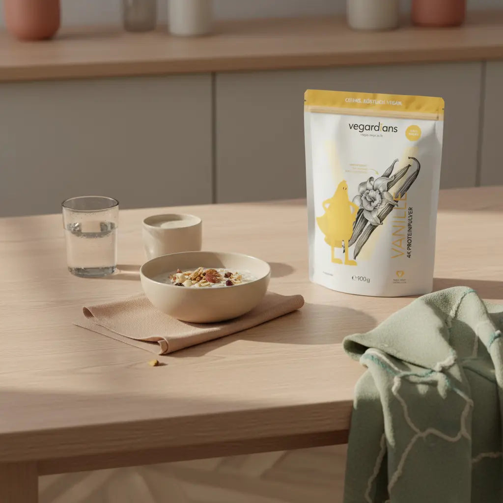 Minimalistische Morgenküche mit veganem Frühstück auf Holztisch: Glas Wasser, Haferbrei, Nüsse und pflanzlicher Shake neben dem Produkt aus Referenzfotos – viszerales Fett reduzieren