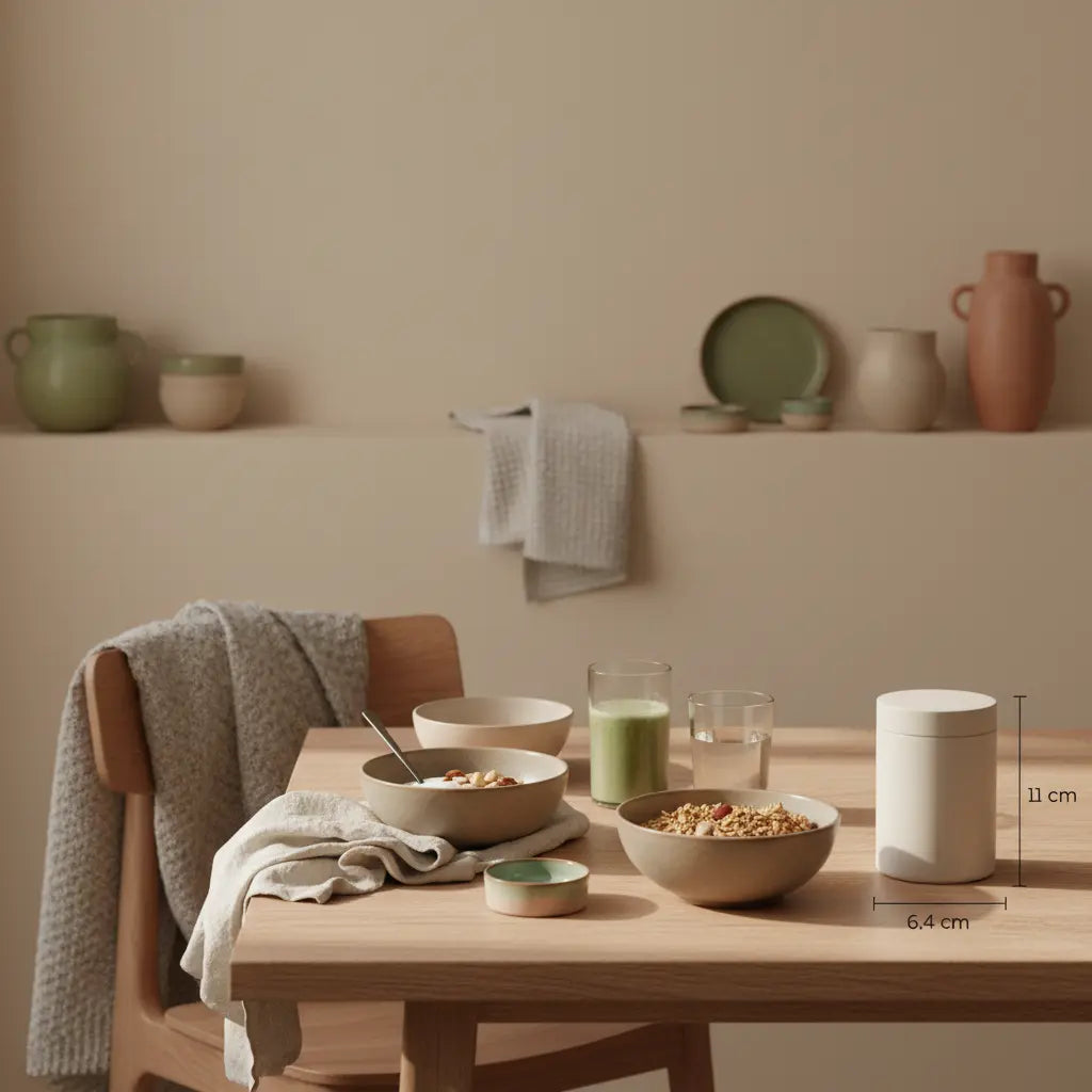 Minimalistisches Frühstück mit Granola, Joghurt, Nüssen und pflanzlichem Shake auf nachhaltigem Tisch in Vegardians-Farben, Fokus vollwertige Ernährung