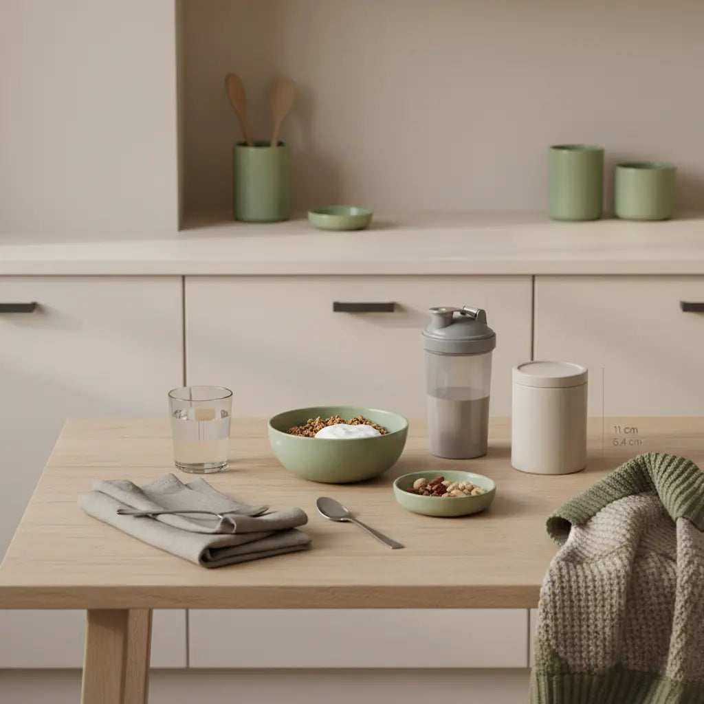 Vollwertige Mahlzeit: Granola mit Sojajoghurt, Nüsse und Proteinshake auf nachhaltig gedecktem Tisch in europäischer Küche bei Morgenlicht