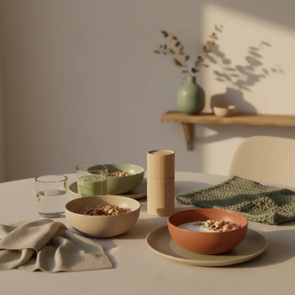 Vollwertige pflanzliche Ernährung abnehmen: Minimalistischer Frühstückstisch in europäischer Küche mit Granola, pflanzlichem Joghurt, Nüssen, Shake, Keramik und Leinen.