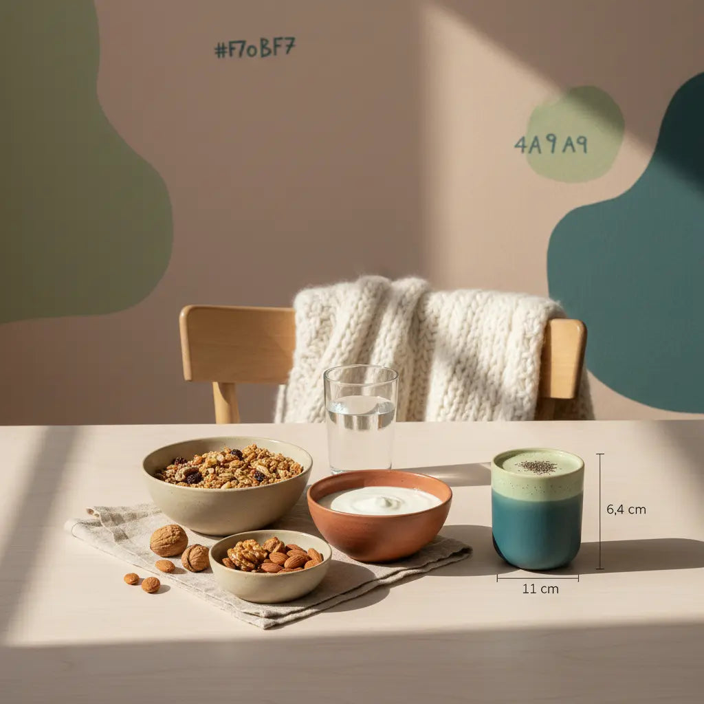 Minimalistisches veganes Frühstück mit Granola, pflanzlichem Joghurt, Nüssen und Shake in europäischer Küche — Szene für vollwertige pflanzliche Ernährung.