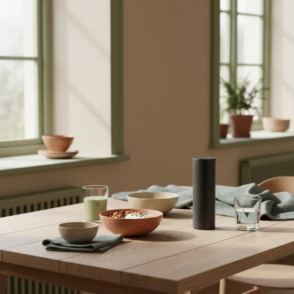 Minimalistisches veganes Frühstück mit Granola, Joghurt, Nüssen, Shake und klarem Wasserglas auf nachhaltigem Tisch – vollwertkost beispiele.