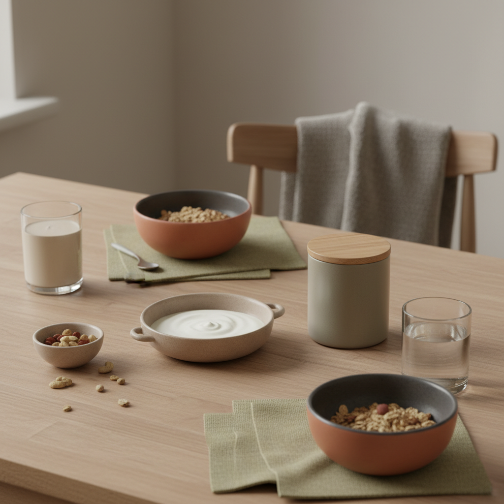 Minimalistisches Frühstück mit Granola, Sojajoghurt, Nüssen und Shake in heller europäischer Küche – ruhige, nährende Stimmung. Vollwertkost Nachteile