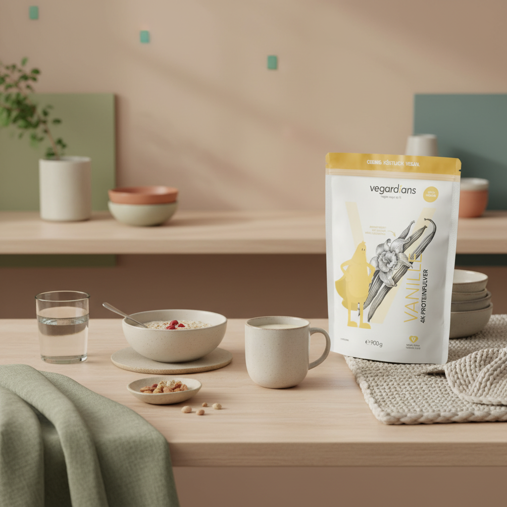 Vorm Sport essen: minimalistisches Frühstück in einer europäischen Küche mit Haferbrei, pflanzlichem Protein-Shake, Glas Wasser und einer Schale Nüsse