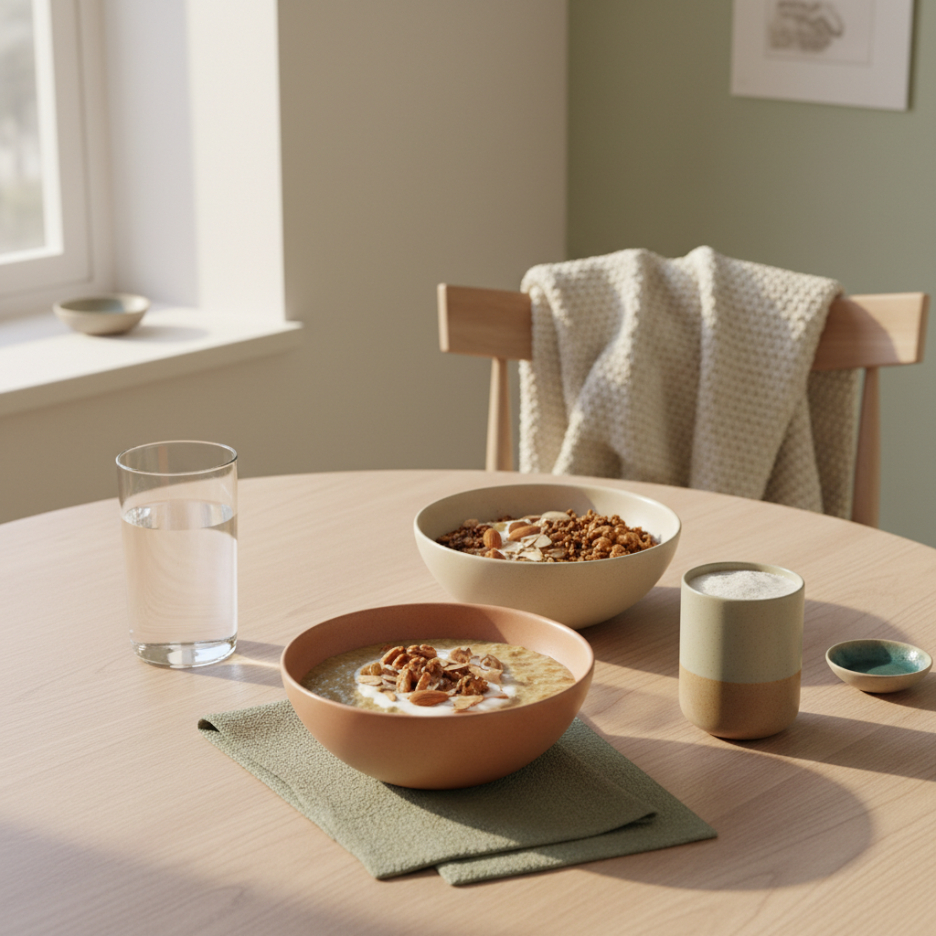 Nachhaltiges veganes Frühstück mit Porridge, Granola, Nüssen und Shake auf einem minimalistisch gedeckten Tisch – wärmende Lebensmittel im ruhigen Morgenlicht.