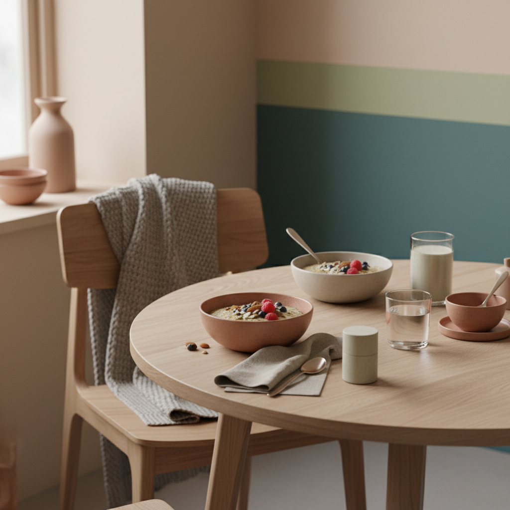 Minimalistisches Frühstück mit warmem Porridge, Nüssen, Früchten und Shake auf nachhaltigem Tisch mit Wolltexturen – warmes Essen im Winter.