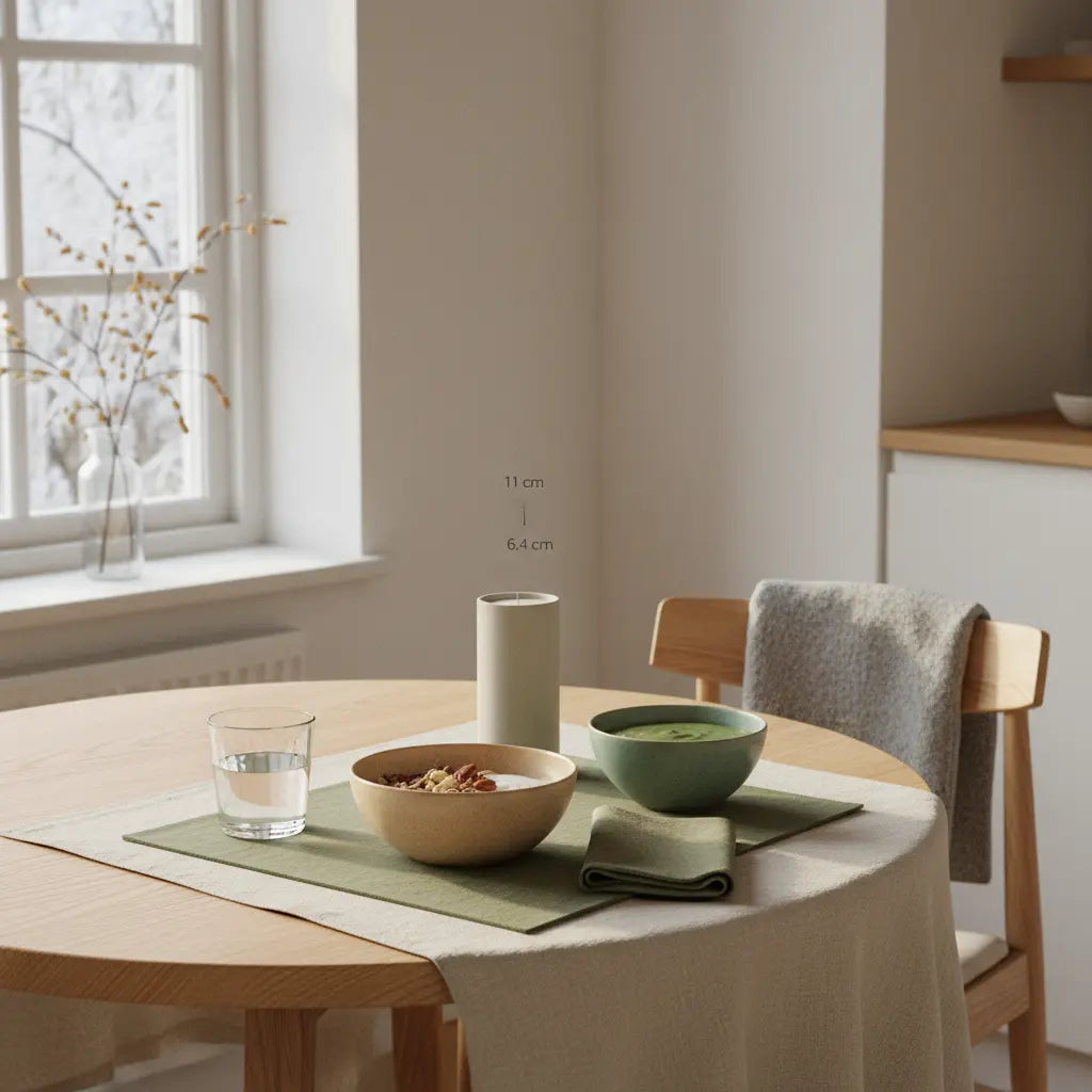 Warum bin ich im Winter so traurig – ruhige europäische Küchenszene mit veganem Frühstück (Granola, Joghurt, Nüsse, Shake), nachhaltiger Tisch und Hintergrund #F7EDE6