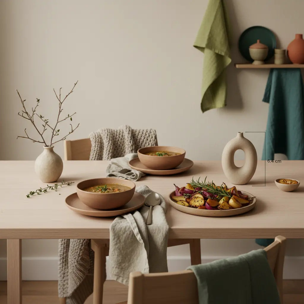 Warum fehlt mir im Winter die Motivation? Gemütliche Küchenaufnahme mit Holztisch, veganer Linsensuppe, geröstetem Gemüse, Wolltexturen und Leinenservietten im warmen Nachmittagslicht.