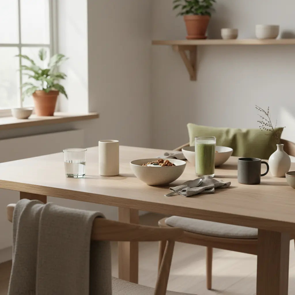 Langsames veganes Frühstück in europäischer Küche mit Granola, Joghurt, Nüssen, Shake und dem Produkt aus den Referenzfotos – was braucht eine frau am meisten von ihrem mann