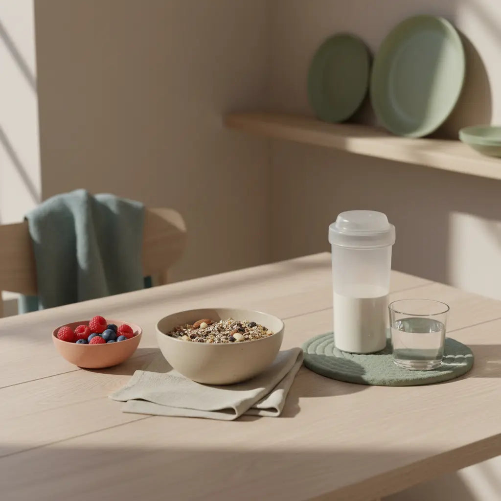 Minimalistische Frühstücksszene mit zuckerarmem Müsli, Beeren, Glas Wasser und pflanzlichem Shaker auf nachhaltigem Holztisch im Morgenlicht. Was darf ich bei der Low Carb Diät essen?