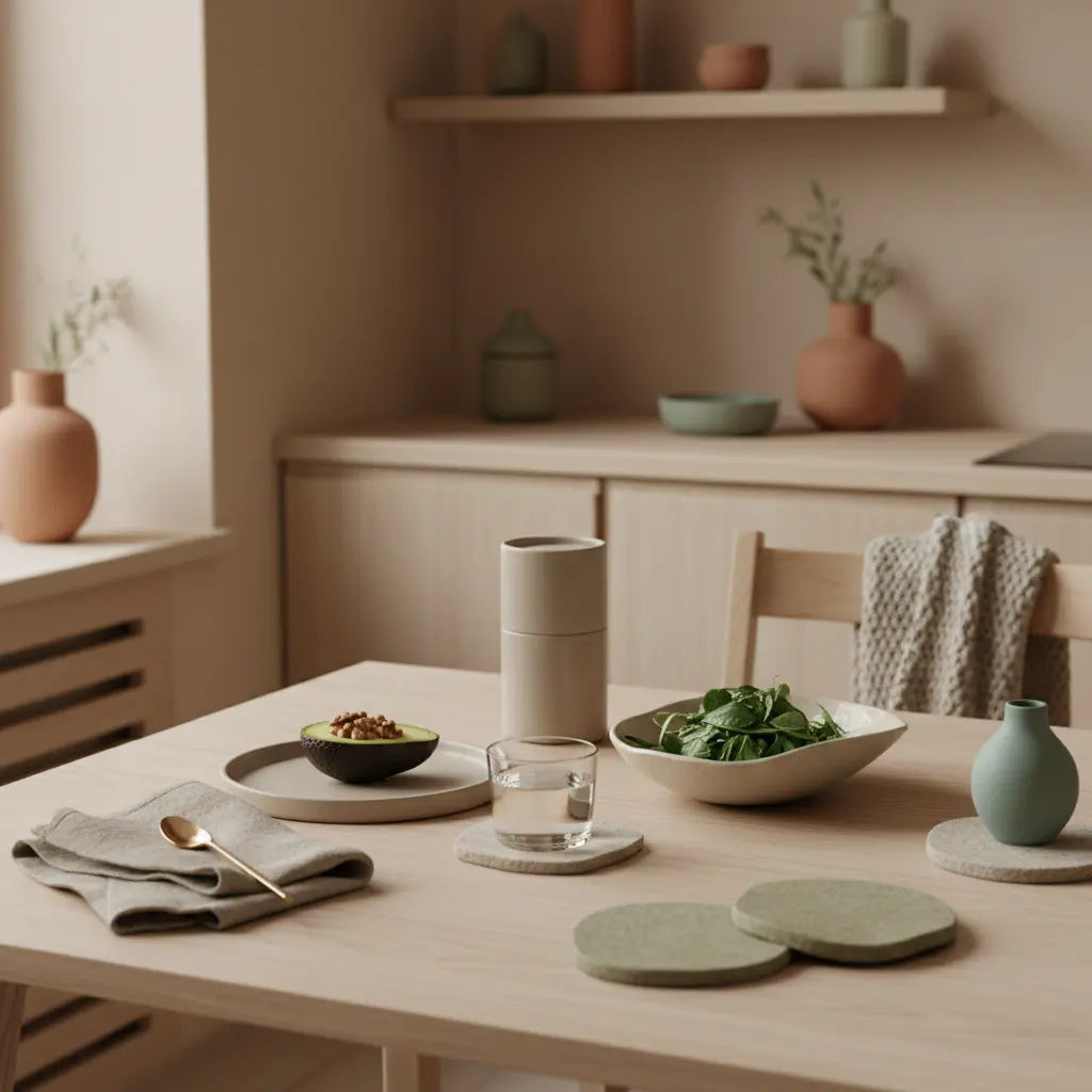 Minimalistische Morgenküche: was darf ich bei keto essen – Avocadohälfte mit Nüssen, Blattgemüse, kleines Glas Wasser und Proteinshake in Keramik auf nachhaltigem Holztisch.