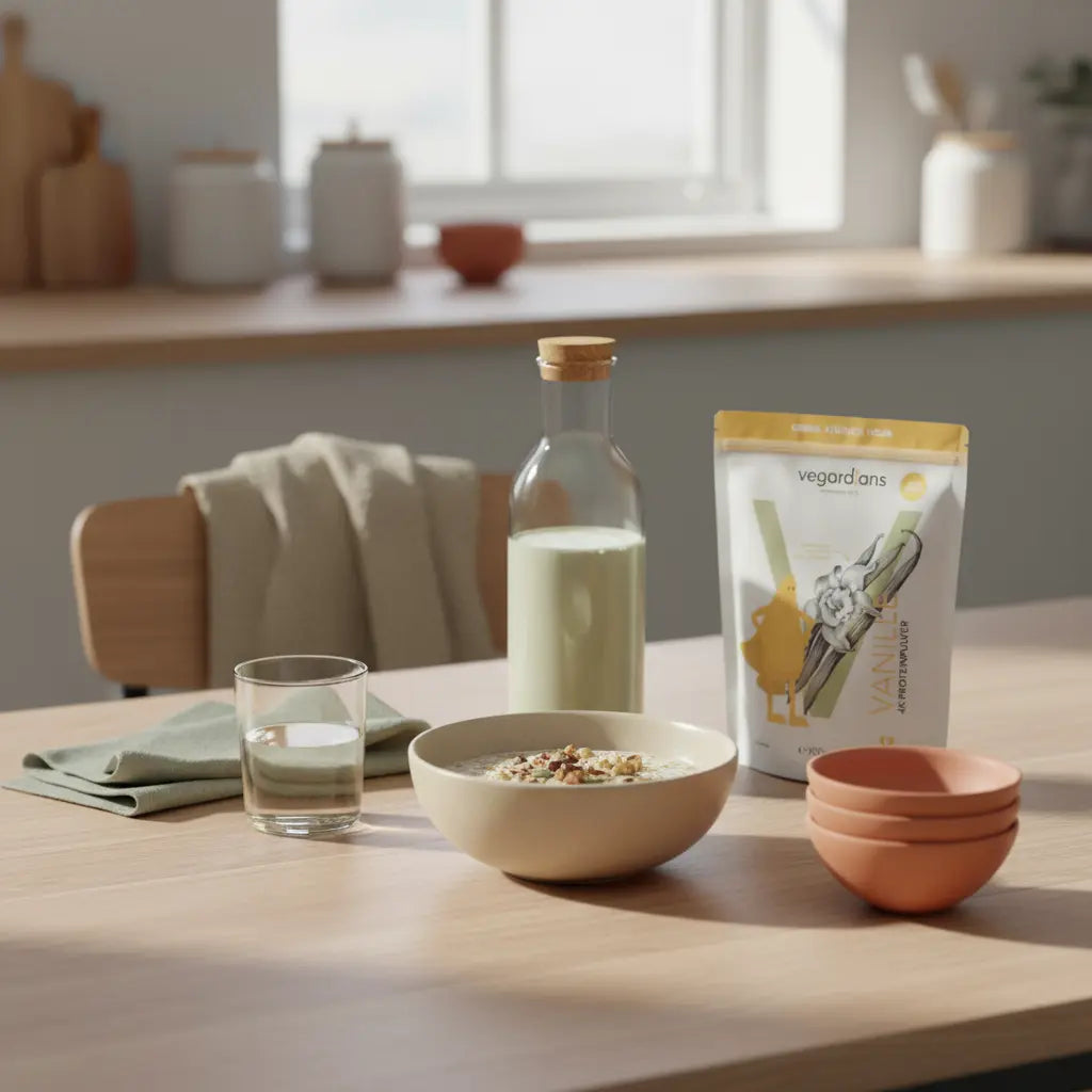 Minimalistische Frühstücksszene mit Haferflocken, Nüssen, klarem Proteinshake und Wasser auf nachhaltigem Holztisch – Was essen um schnell Körperfett zu verlieren