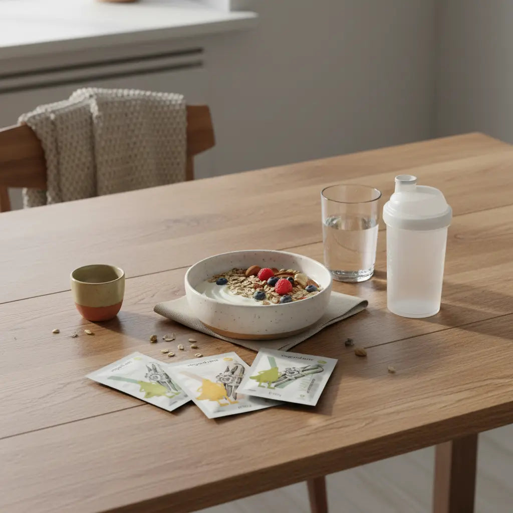 Minimalistische Morgen-Küchenszene mit Protein-Bowl, Shaker, Glas Wasser und Protein-Probebeutel auf Holztisch — Was kann ich knabbern, wenn ich Abnehmen will?